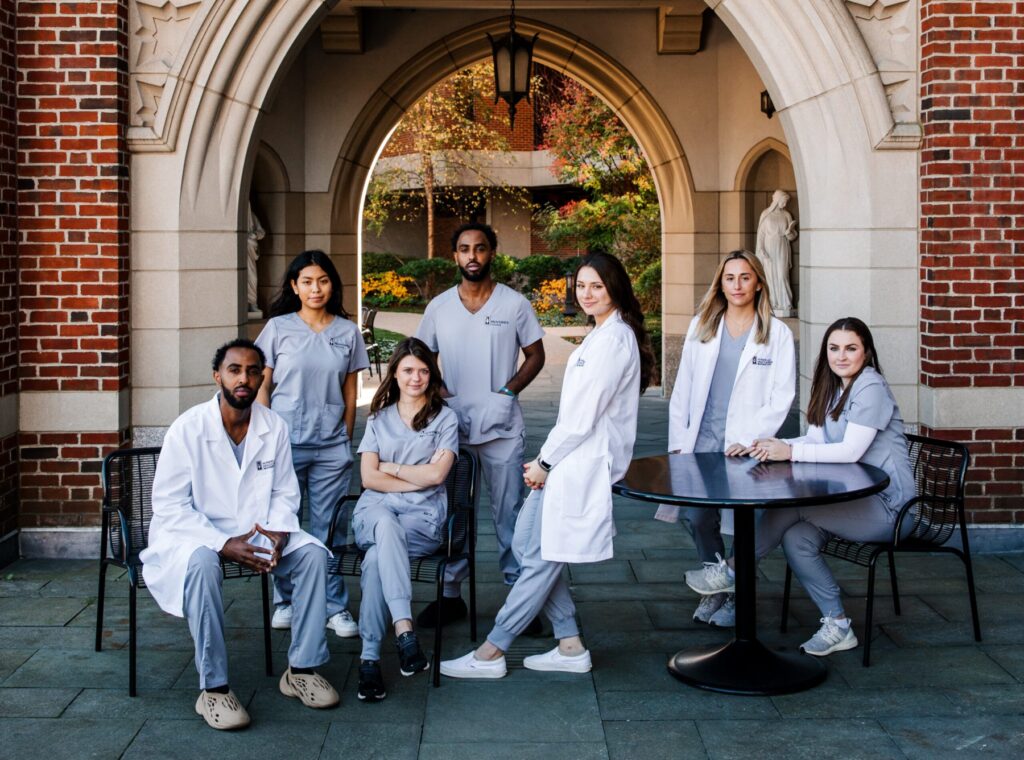 Students from the nursing school in front of the Ruane Center for the Humanities